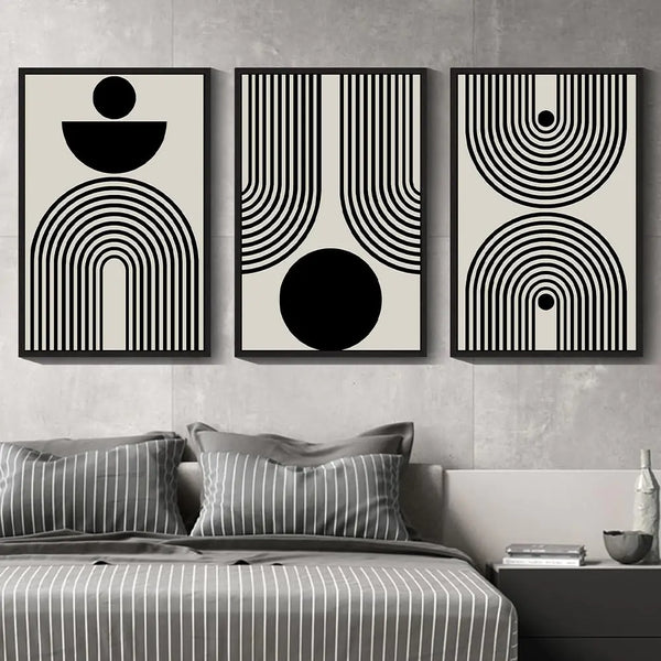 PHOPAGO Black Abstract Wall Art | Minimalist Sun Lines Framed Canvas Painting (24x36in)