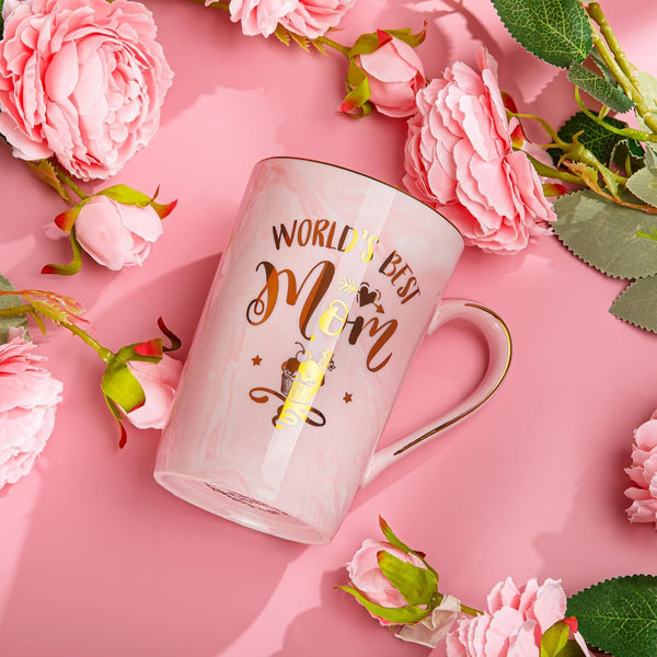 “World’s Best Mom” Mug Gift Set – Pink Marble Ceramic - Avenari Home & Life