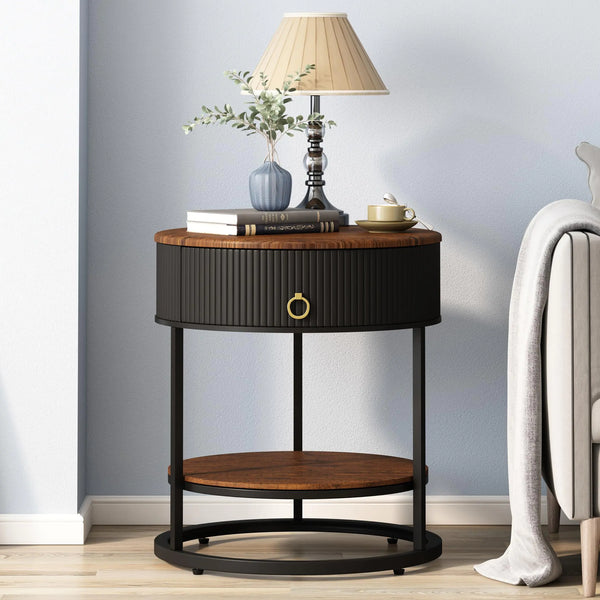 OIOG Round End Table with Drawer and Shelf | Modern Rustic Side Table