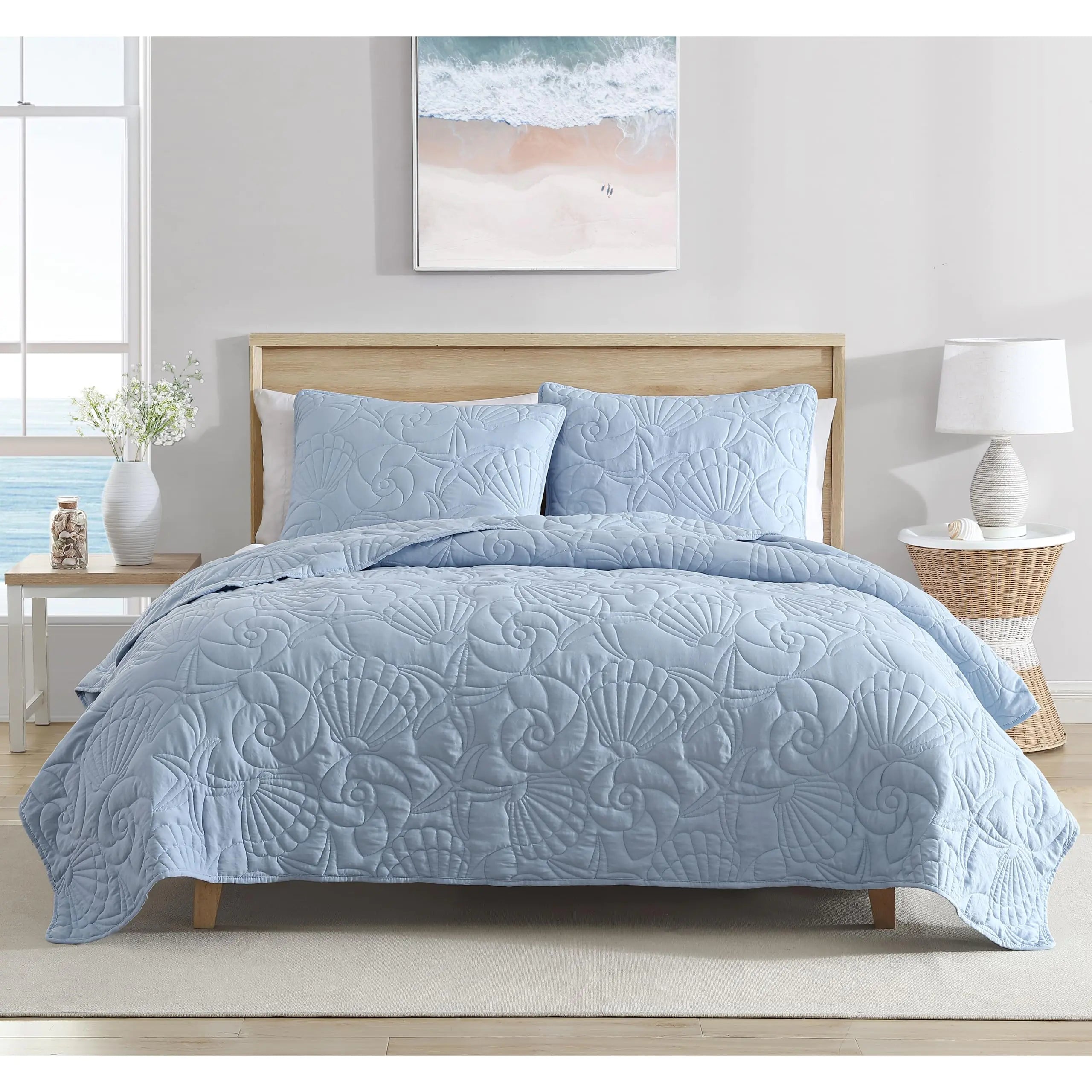 Twin Coastal Shell Quilt Set - 2-Piece Blue Beach-Themed Bedding for All Seasons