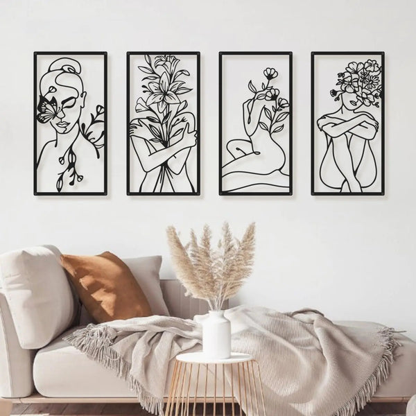Bakovity Black Metal Wall Art | Minimalist Abstract Woman Line Decor (Set of 4)