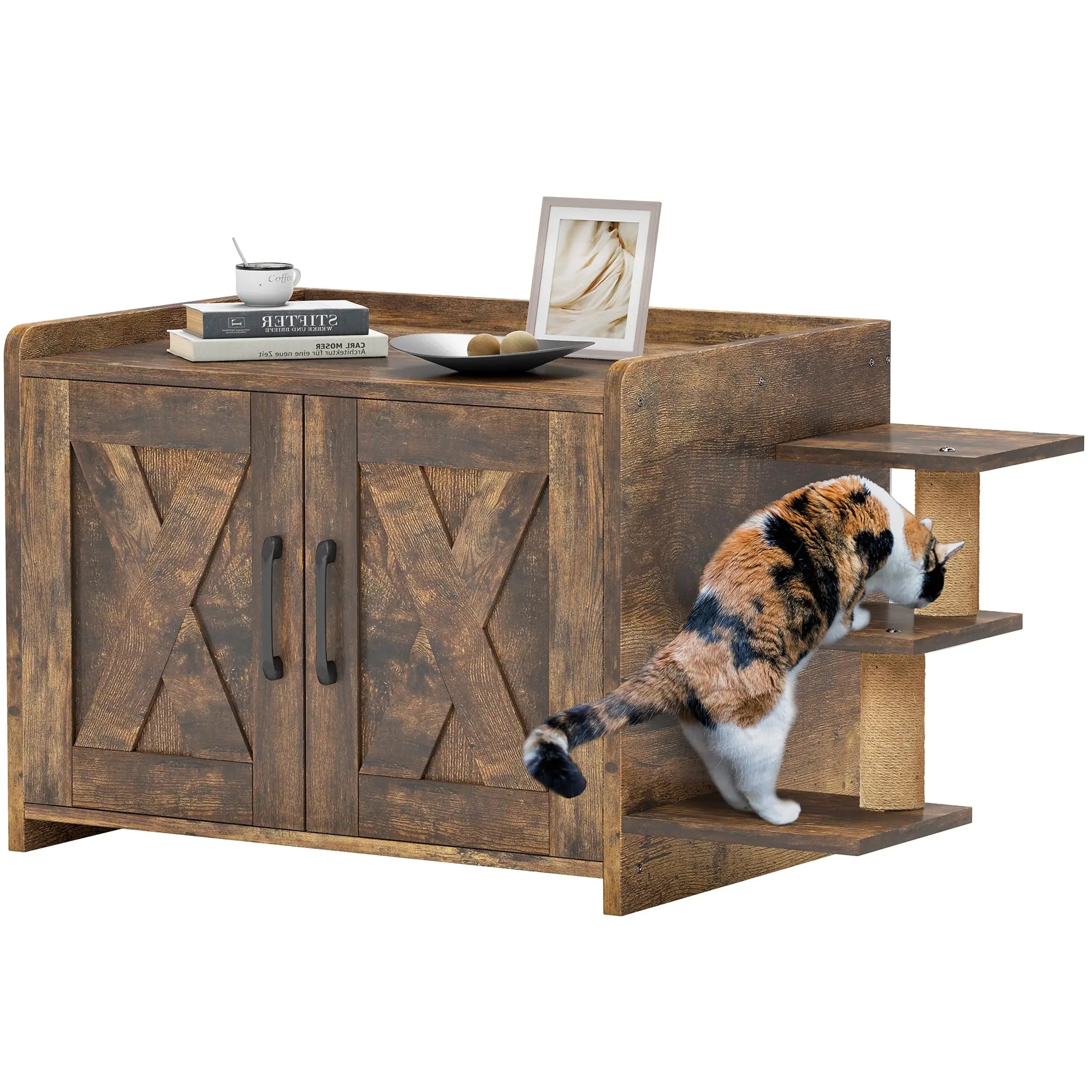 YITAHOME Cat Litter Box Enclosure Modern Cat Litter Box Furniture Hidden with Scratching Post&cusionr Wooden Cat House as Side End Table Nightstand Fit Most of Litter Box Brown