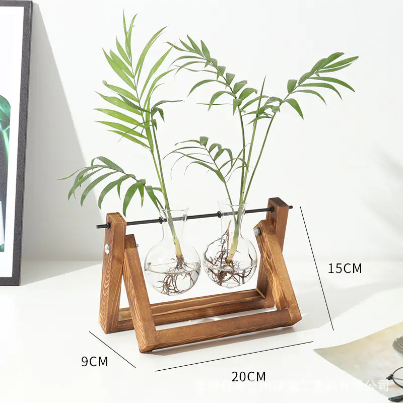 Wood Frame Hydroponic Glass Vase – Retro Tabletop Plant Holder for Pothos, Cuttings & Home Decor - Avenari Home & Life