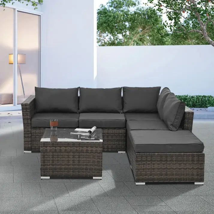 4-Piece Patio Furniture Set - Durable PE Wicker & Tempered Glass Table