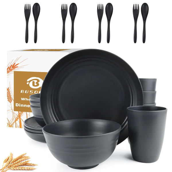 Eco-Friendly Wheat Straw Dinnerware for 4 - 20-Piece Set in Black