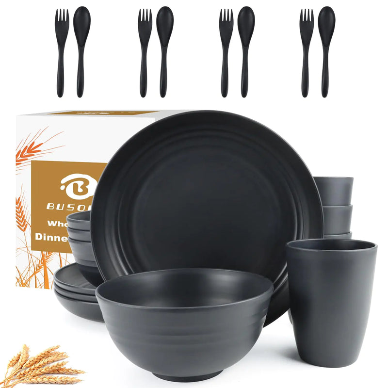 Eco-Friendly Wheat Straw Dinnerware for 4 - 20-Piece Set in Black