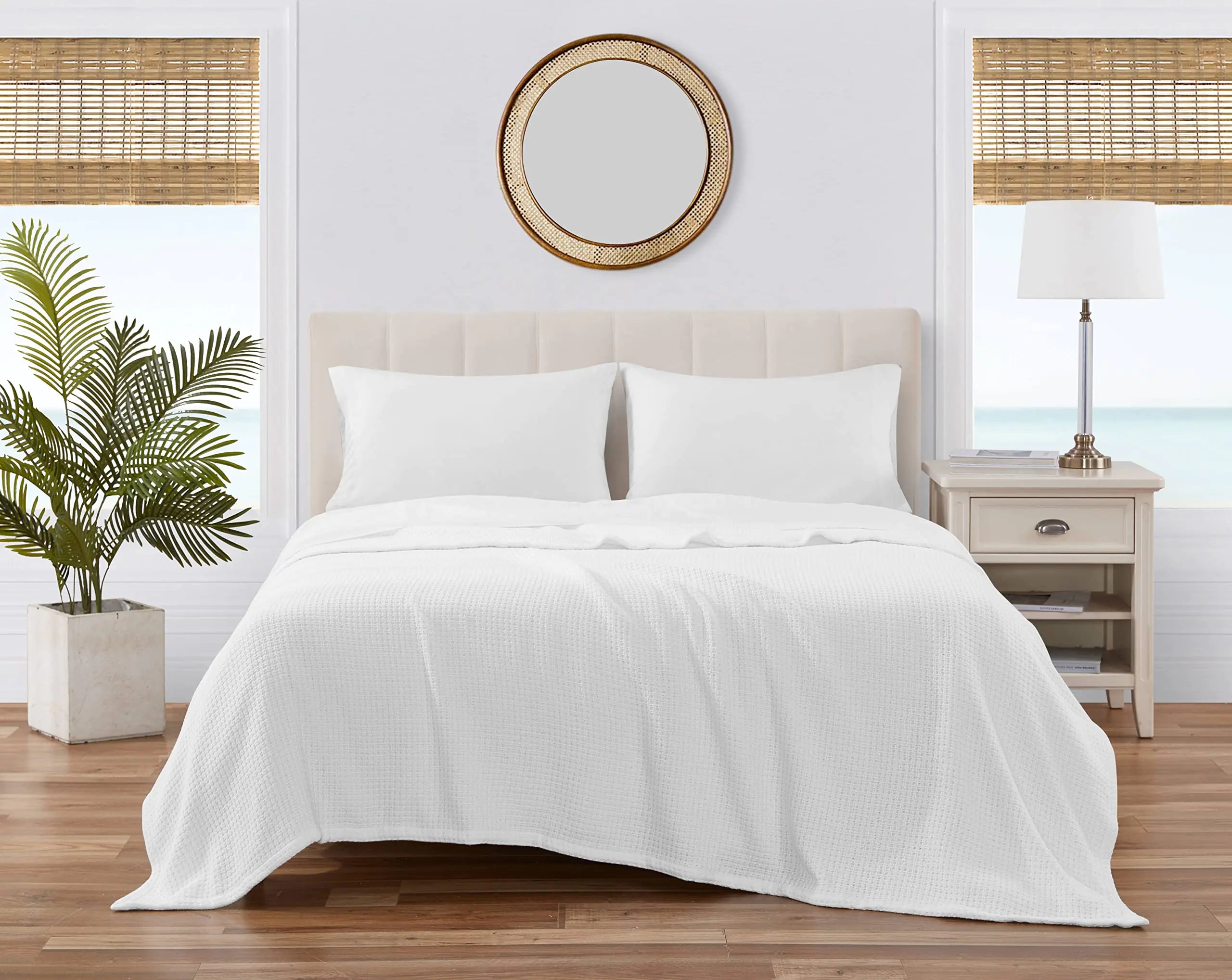 Soft Cotton Basketweave Blanket - Queen Size Medium Weight All-Season Bedding in White