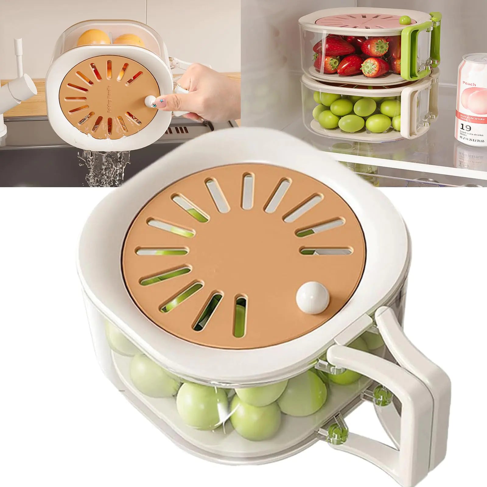 Multifunctional Fruit Washing Bowl2-in-1 Draining and Preservation BasketFruit and Vegetable Washing Bowl with StrainerFruit Washer Drainer Container Set with Lid and Handle Kitchen Gadgets(Brown)