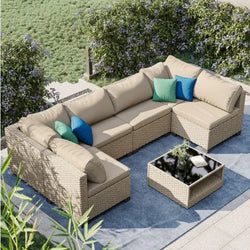 All-Season 7-Piece Beige Rattan Conversation Set