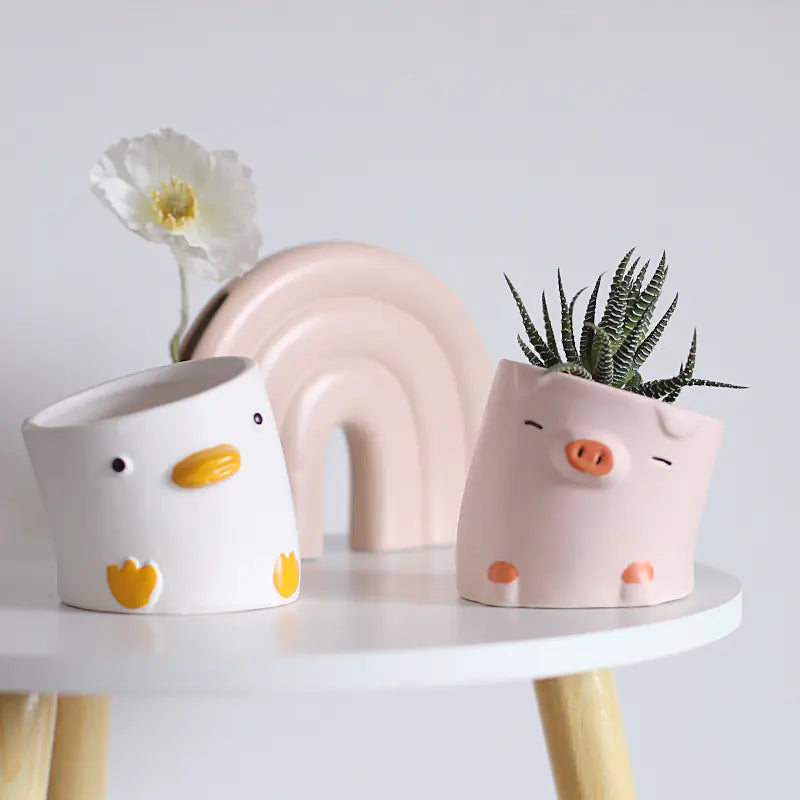Cartoon Animal Ceramic Succulent Planter – Cute Indoor Flowerpot Decor with Optional Bamboo Tray - Avenari Home & Life