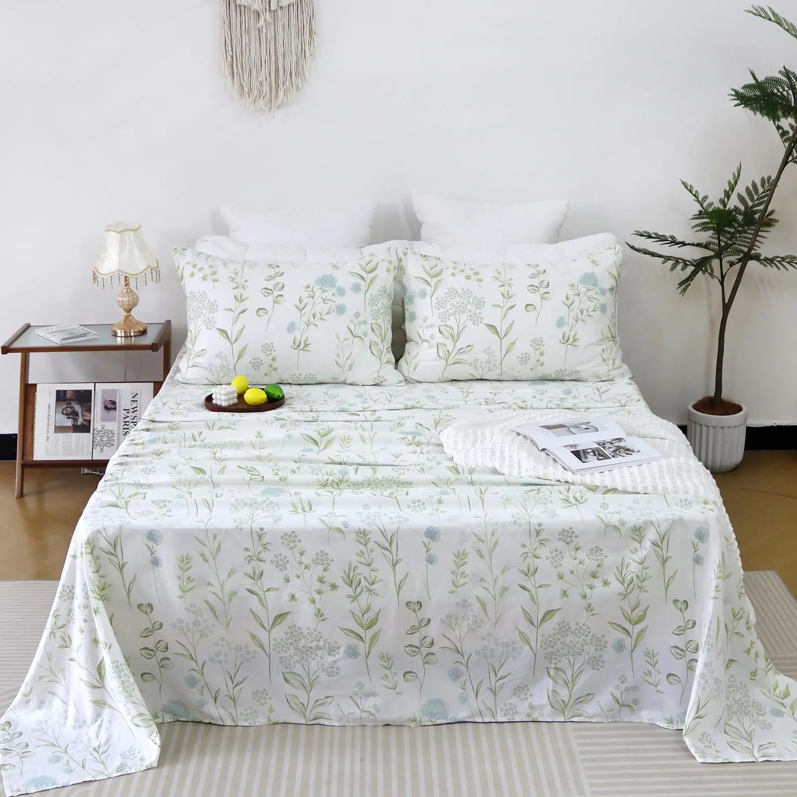 Green Botanical Twin Sheet Set - 4-Piece 100% Cotton Floral Bedding with Deep Pockets