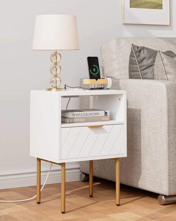 Masupu White Nightstand with Charging Station, Storage Drawer, and Open Shelf | Modern Bedside Table