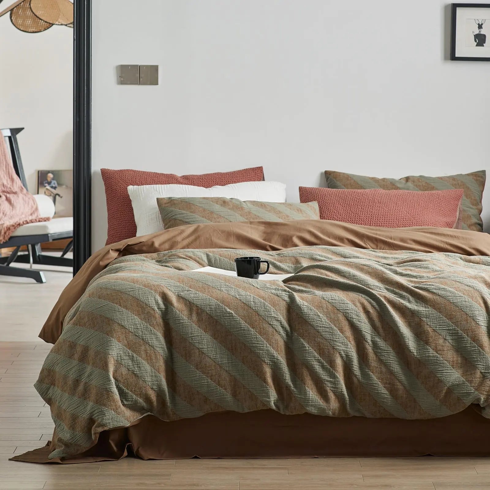 Linen Cotton King Duvet Cover Set - 3-Piece Green & Brown Striped Bedding with Modern Jacquard Design