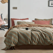 Linen Cotton King Duvet Cover Set - 3-Piece Green & Brown Striped Bedding with Modern Jacquard Design