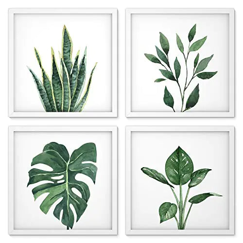ArtbyHannah 10x10 Framed Wall Art Plant Wall Decor for Bathroom Wall Pictures with White Frames and Green Leaf Plant Prints Set of 4