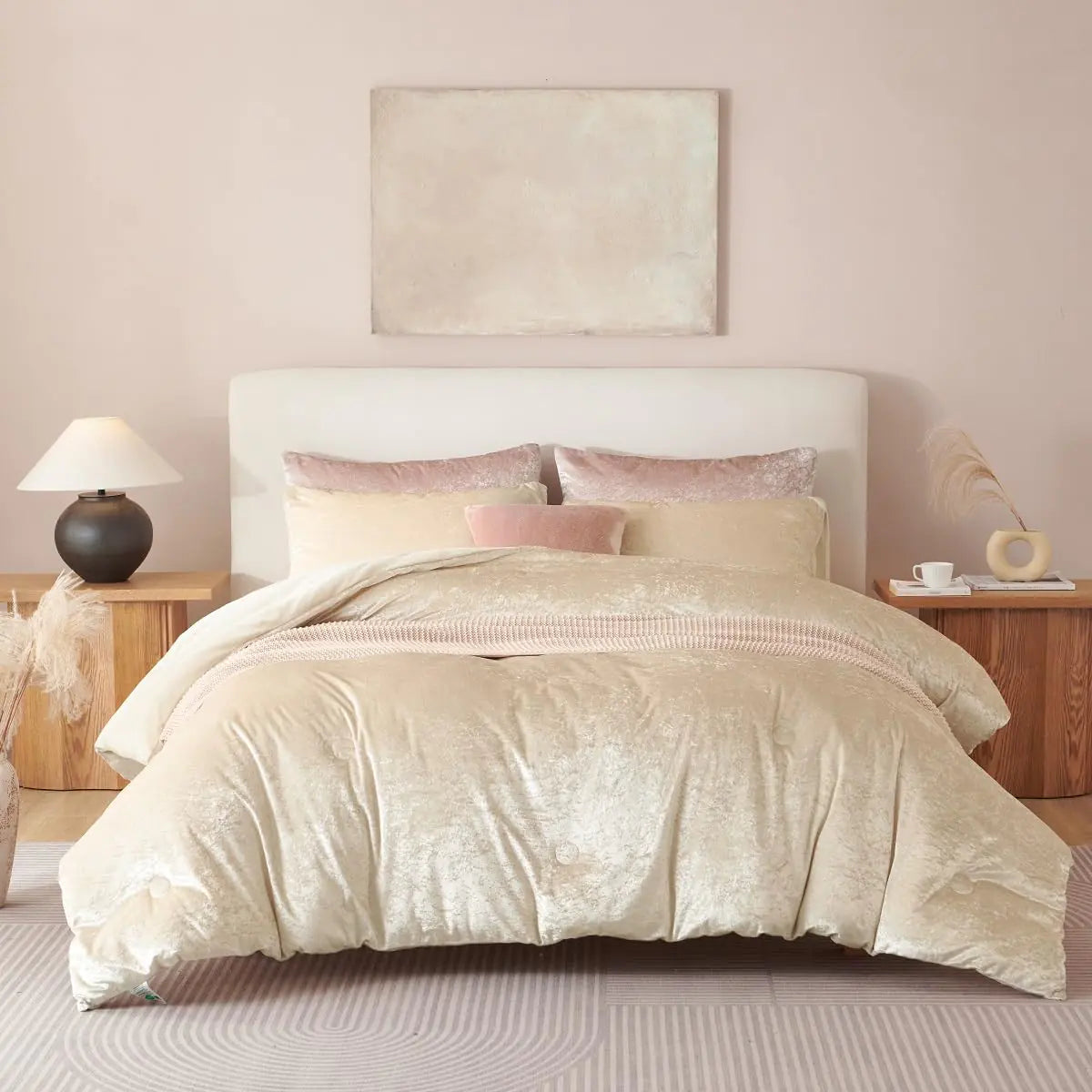 Beige Crushed Velvet Queen Comforter Set - 3-Piece Winter Warm Luxury Bedding