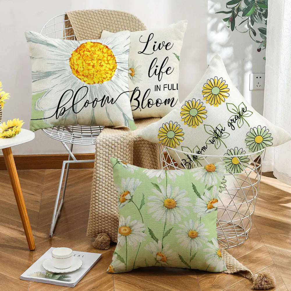 Summer Chrysanthemum Pillow Cover in Green Linen