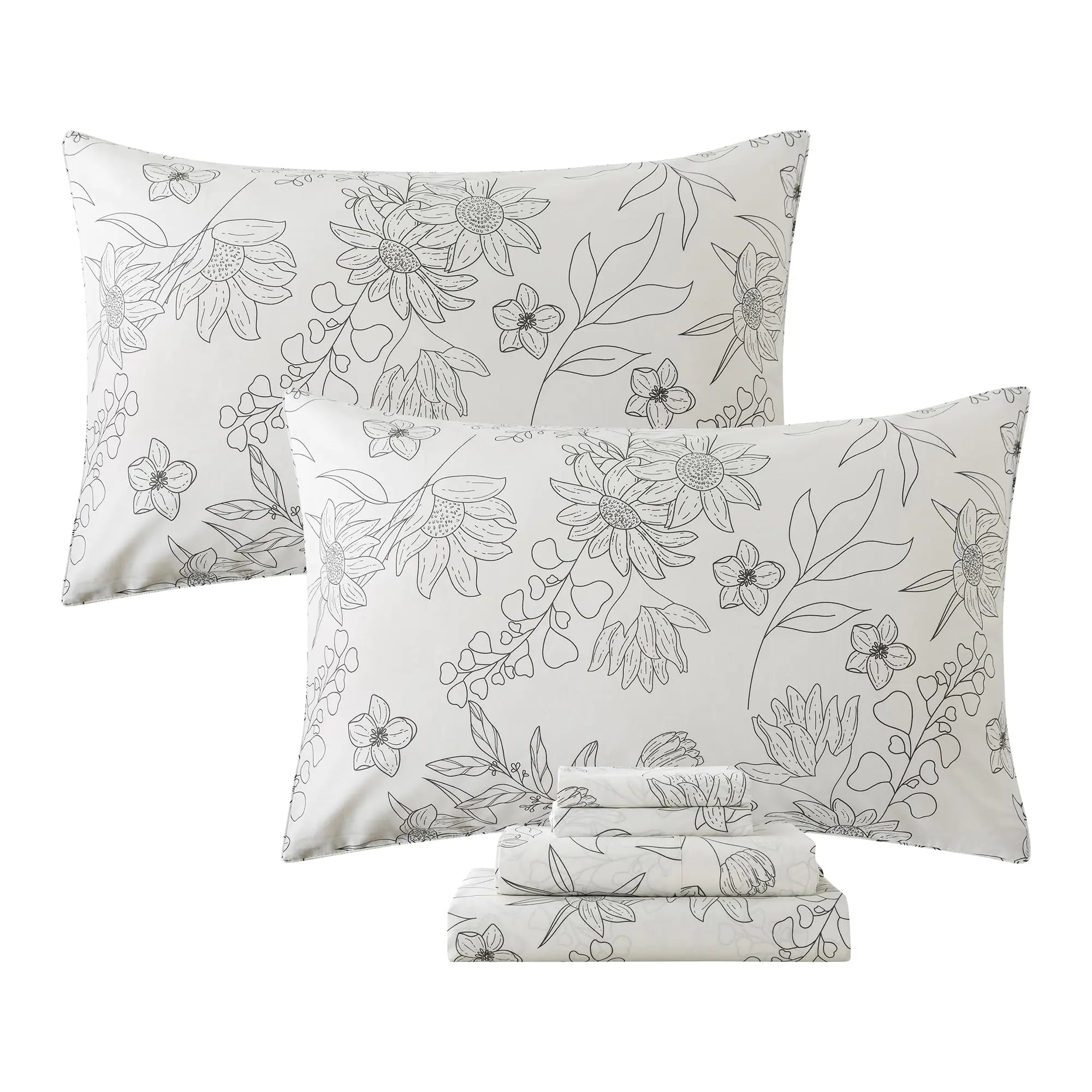 Black & White Queen Floral Sheet Set - 4-Piece 100% Cotton Vintage Sunflower Bedding