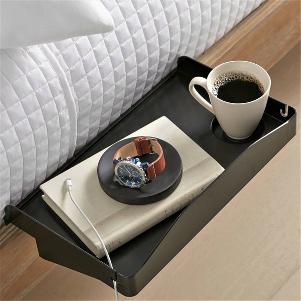 Modern Innovations Bedside Shelf for Bed | Clip-On Nightstand Tray with Cord and Cup Holder