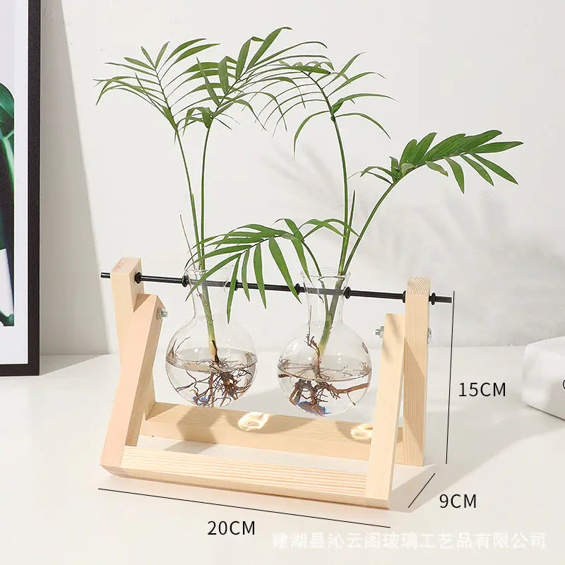 Wood Frame Hydroponic Glass Vase – Retro Tabletop Plant Holder for Pothos, Cuttings & Home Decor - Avenari Home & Life