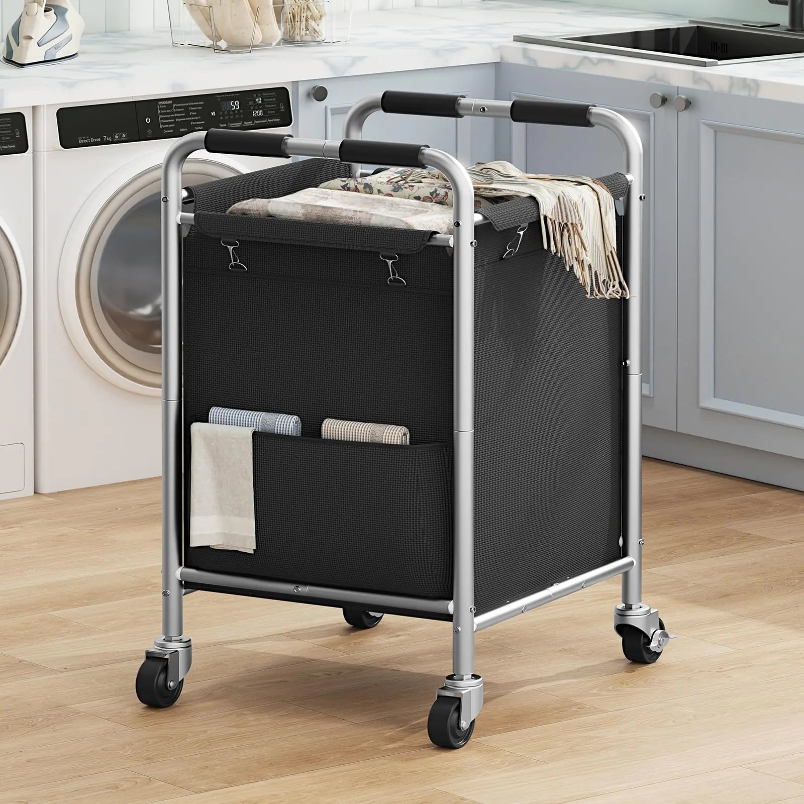 180L Rolling Laundry Basket - Heavy Duty Laundry Cart with Removable Bag & Wheels (Black)