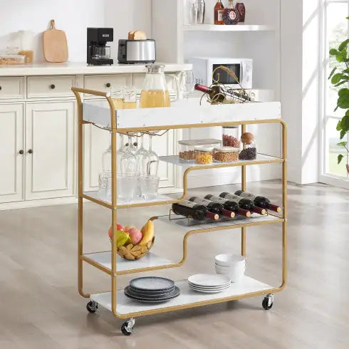 6-Tier Bar Cart - Retro Style with Wine Rack & Glass Holder