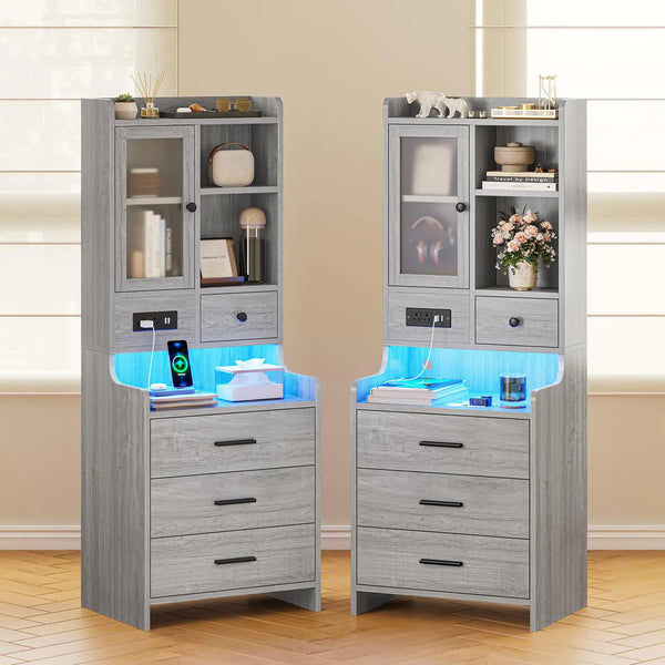 Grey Nightstand Set of 2 with Charging Station, LED Lights, and Ample Storage