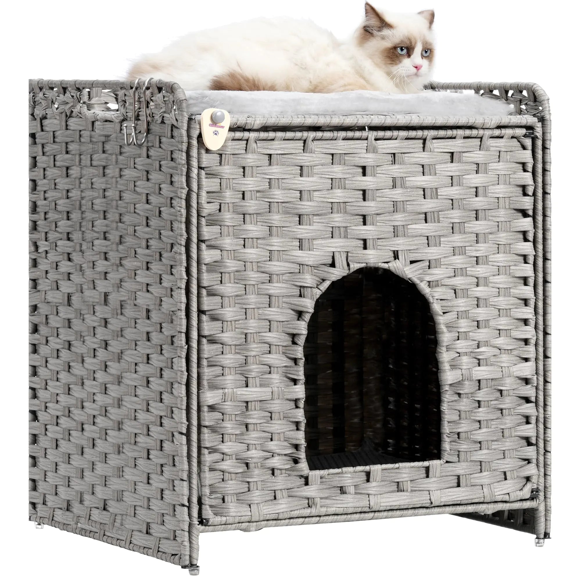 Cat Litter Box Enclosure Hidden Cat Litter Box Furniture Including Cat Mat Cat Litter Mat 2 Hooks Handwoven Rattan Cat House Grey GCLB001G