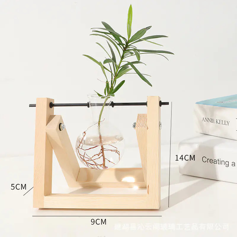 Wood Frame Hydroponic Glass Vase – Retro Tabletop Plant Holder for Pothos, Cuttings & Home Decor - Avenari Home & Life