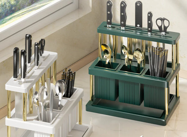 Multifunctional Kitchen Utensil Storage Rack – Movable Organizer with Drainage for Knives, Chopsticks & Spoons - Avenari Home & Life