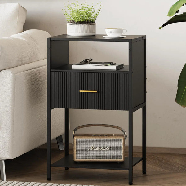 Elegant Modern Black Nightstand with Vertical Panel Design and Gold Handle