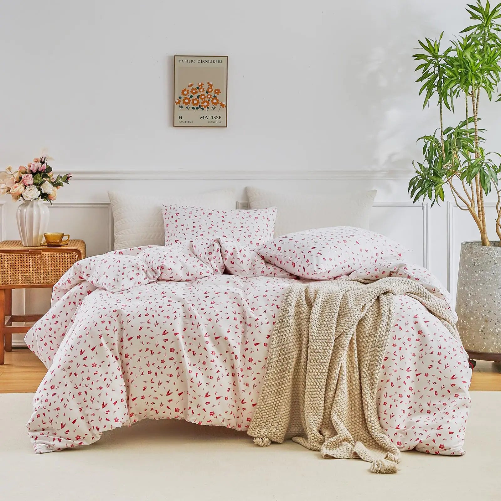 Vintage Pink Floral King Comforter Set - 3-Piece Boho Botanical Bedding for All Seasons