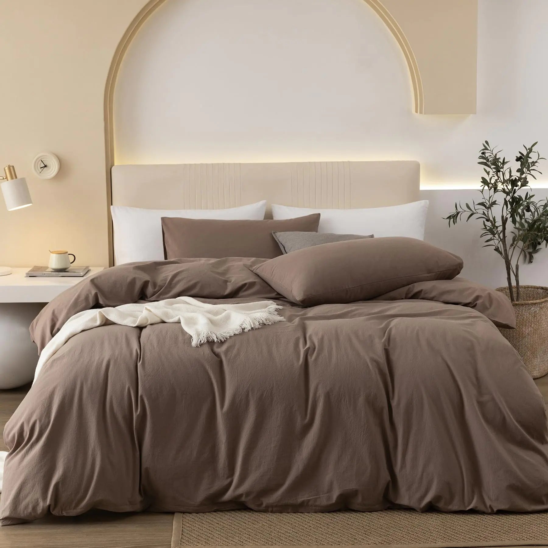 Washed Cotton Duvet Cover Set - Soft, Breathable, Oversized Queen Bedding in Solid Brown