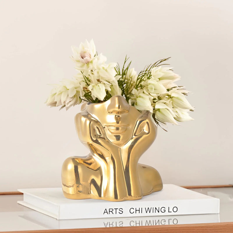 Gold Ceramic Face Vase – Modern Female Bust Flower Vase for Home Decor - Avenari Home & Life