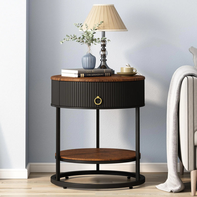 OIOG Round End Table with Drawer and Shelf | Modern Rustic Side Table