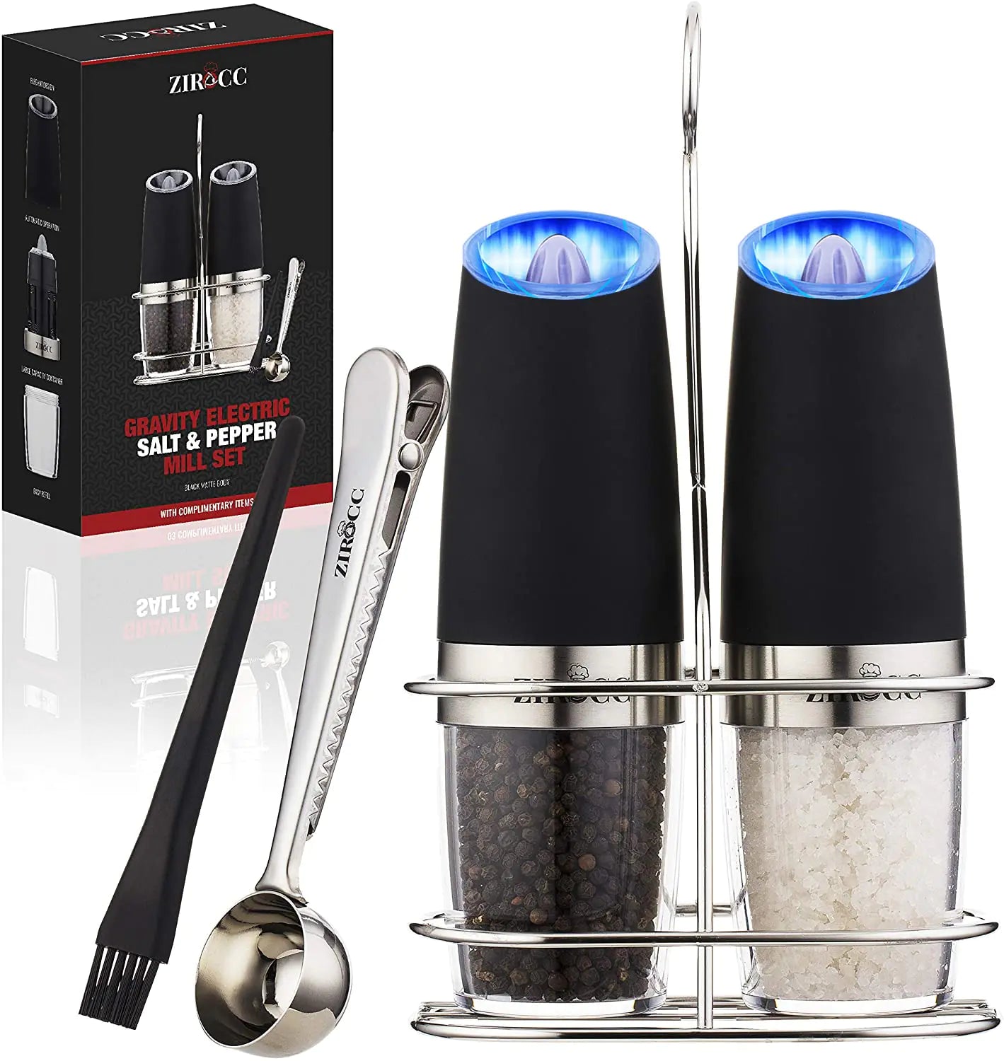 (2 Pack) Gravity Electric Salt and Pepper Grinder Set Battery Operated One Hand Automatic Operation Adjustable Coarseness Mill Grinders Shakers LED Light Kitchen Gadgets Gifts-Black
