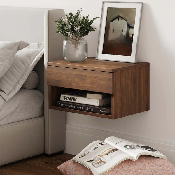 Wall Mounted Floating Nightstand with Storage Drawer and Open Shelf Cubby | Dark Walnut Finish