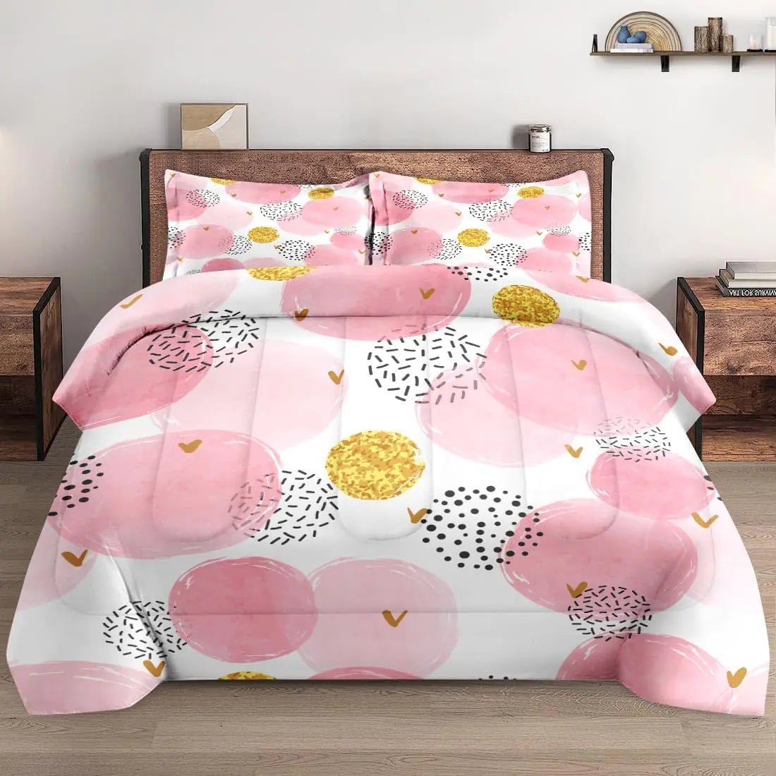 Pink Polka Dot Comforter Set - 3-Piece Queen Bedding with Golden Accents