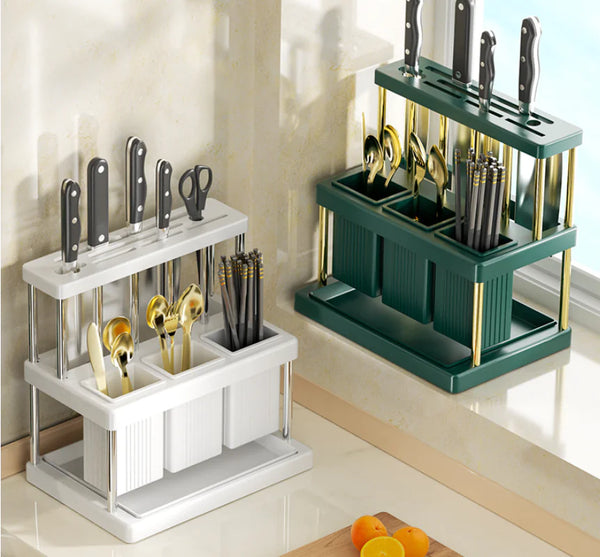 Multifunctional Kitchen Utensil Storage Rack – Movable Organizer with Drainage for Knives, Chopsticks & Spoons - Avenari Home & Life