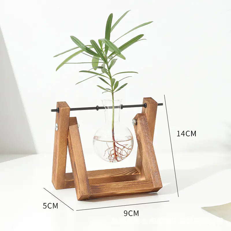 Wood Frame Hydroponic Glass Vase – Retro Tabletop Plant Holder for Pothos, Cuttings & Home Decor - Avenari Home & Life