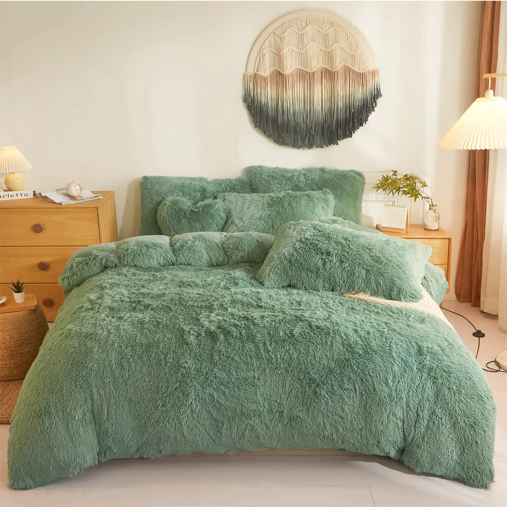 Green Fluffy Twin Comforter Cover Set - Ultra-Soft Plush Duvet with Pillowcase